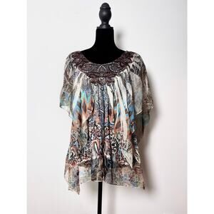 Vtg Y2K Energie Brown and Blue Peacock Patterned Fairycore Embroidered Blouse
